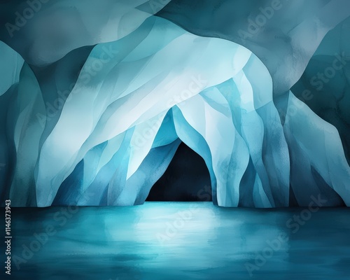 An icy cave illuminated by soft blue light from an opening above.