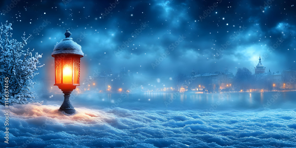 Winter Night: Glowing Lantern, Snowy Scene, Frozen River, City Lights Winter Night: Glowing Lantern, Snowy Scene, Frozen River, City Lights