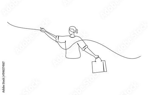 Continuous one single line drawing Woman with shopping bag, Continuous one line drawing of young woman Carrying shopping bag. Happy shopping and sale concept.