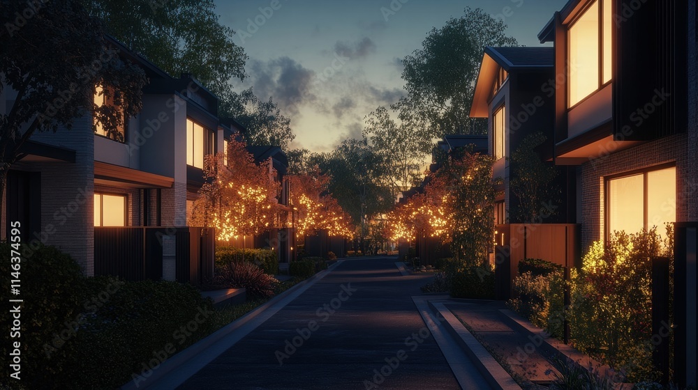evening street scene of modern townhouses evening street scene of modern townhouses