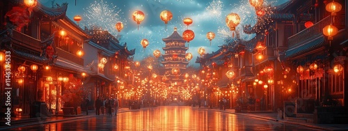 Lantern Festival Street with Pagoda View and Fireworks Display at Night