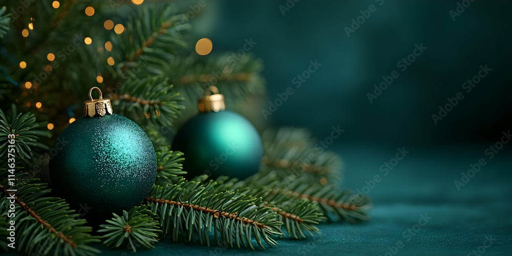Teal Christmas Ornaments on Evergreen Branches with Lights