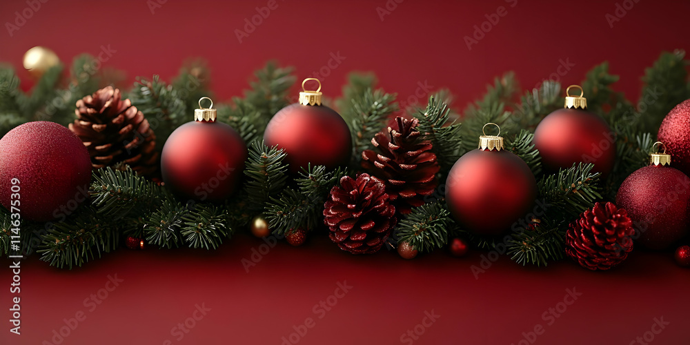 Naklejka premium Red Ornaments & Pine Cones Festive Decor