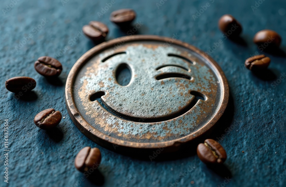 winking metallic smiley with coffee beans on grey background