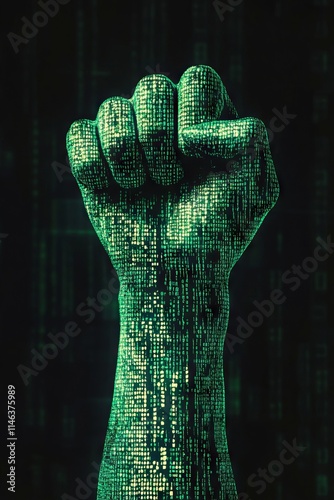 Digital fist raised in defiance, code forming an arm. photo