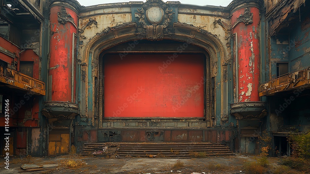 Obraz premium Ruined theater interior reveals decayed grandeur and red screen