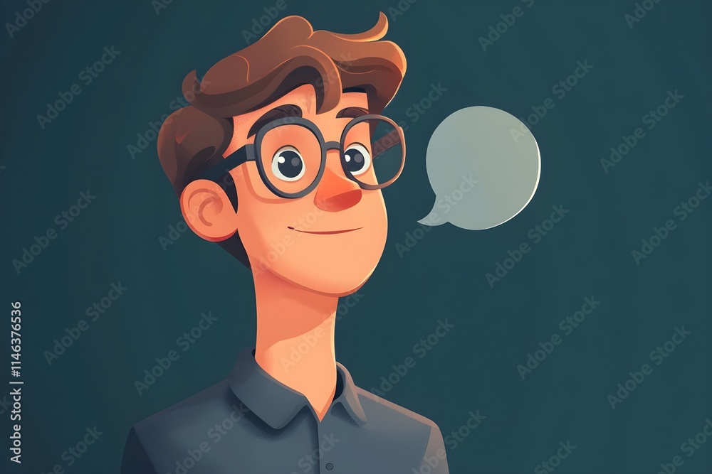 A cartoon man with glasses is looking at a speech bubble A cartoon man with glasses is looking at a speech bubble