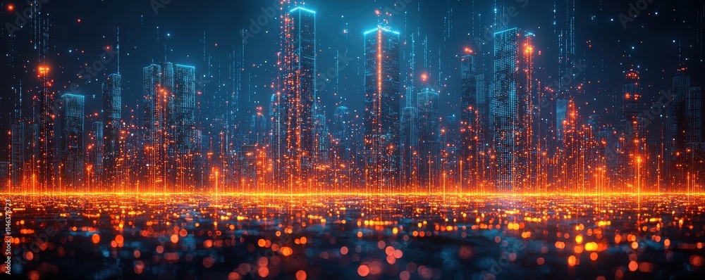 Holographic digital cityscape with glowing futuristic skyscrapers and illuminated landscape Holographic digital cityscape with glowing futuristic skyscrapers and illuminated landscape
