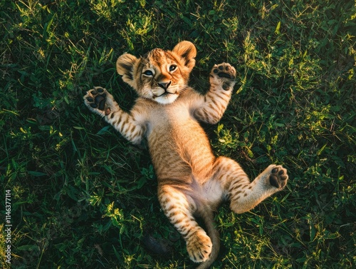  Top view of playful cute beautiful lion cub lying in nature grass field.. photo