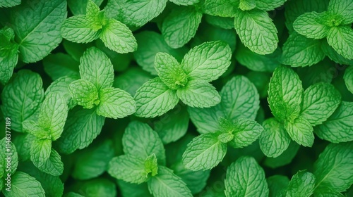 A detailed and vibrant image showcasing fresh green mint leaves in full focus, emphasizing their natural texture and color. Perfect for themes related to freshness, herbal remedies, and organic living