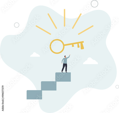 Key to business success, stairway to find secret key or achieve career target concept.flat characters.