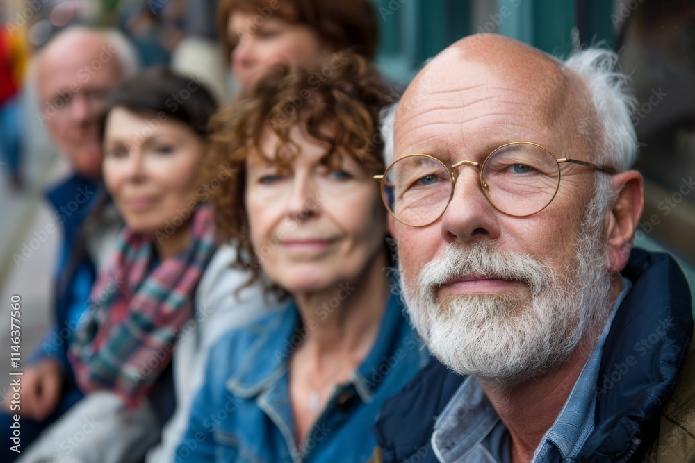 Portrait of senior man with eyeglasses standing in front of crowd Portrait of senior man with eyeglasses standing in front of crowd