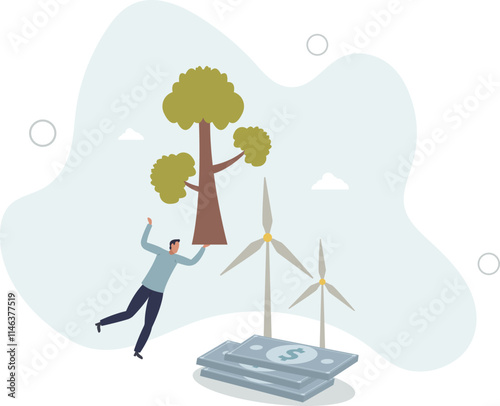 presenting way to reduce CO2 emission footprint through carbon offset, credit and forest conservation.flat characters.