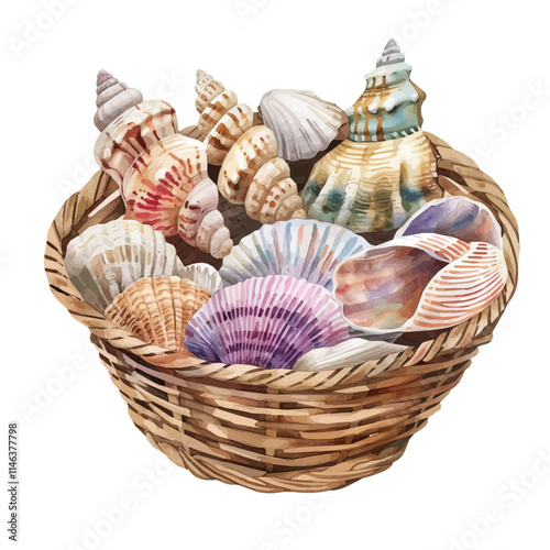 A watercolor drawing of a colorful seashell collection in a basket, isolated on a white background. Seashell collection vector.
