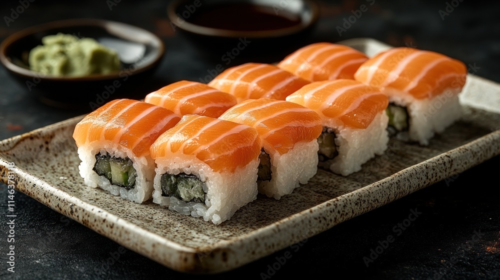 Fresh salmon sushi rolls served on a rectangular plate. Fresh salmon sushi rolls served on a rectangular plate.