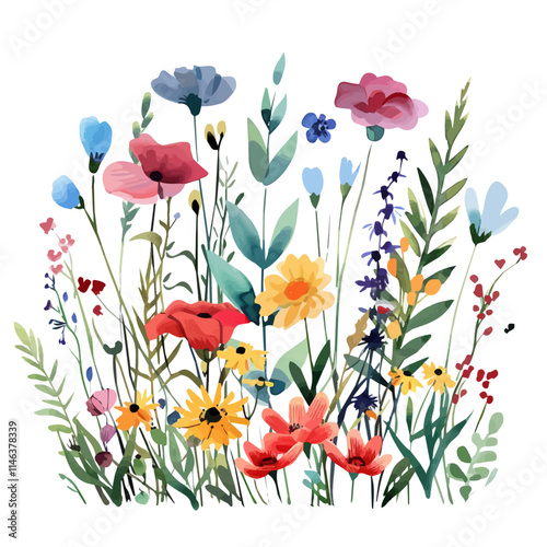 A watercolor vector of a colorful summer flower garden, isolated on a white background. Flower garden vector.
