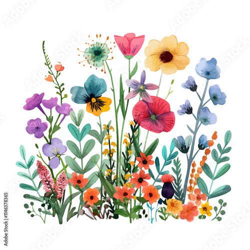 A watercolor vector of a colorful summer flower garden, isolated on a white background. Flower garden vector.
