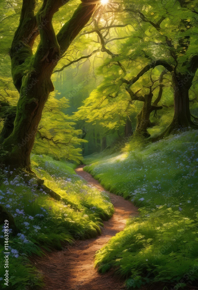 Naklejka premium enchanting forest paths unveiling hidden wonders nestled amongst majestic trees lush greenery, nature, trails, light, shadow, plants, leaves, exploration