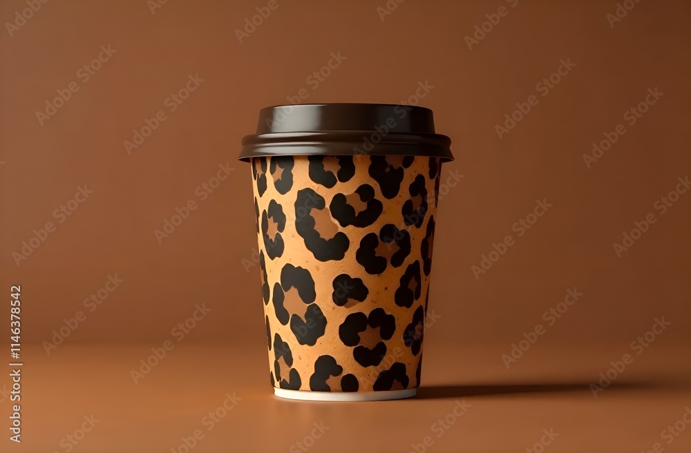Cup of coffee for takeaway with a leopard pattern on brown background. Cup of coffee for takeaway with a leopard pattern on brown background.