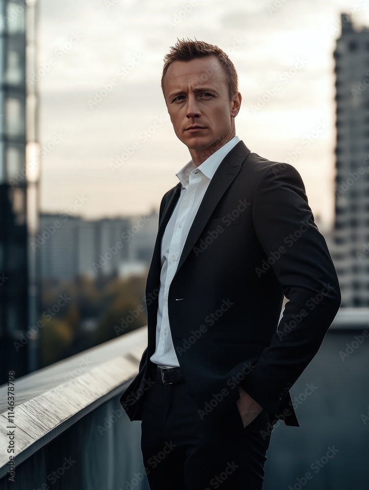 A businessman wearing a black suit posing on a rooftop A businessman wearing a black suit posing on a rooftop