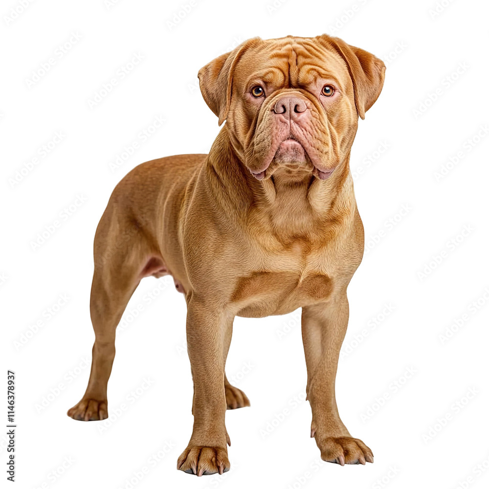 Angled view full body shot of extremely perfect looking single Dogue De Bordeaux animal isolated on a white transparent background Angled view full body shot of extremely perfect looking single Dogue De Bordeaux animal isolated on a white transparent background
