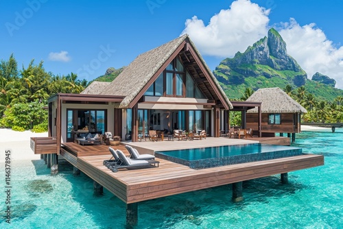 A high-end bungalow offering a peaceful turquoise lagoon and mountain vistas in a tropical paradise.