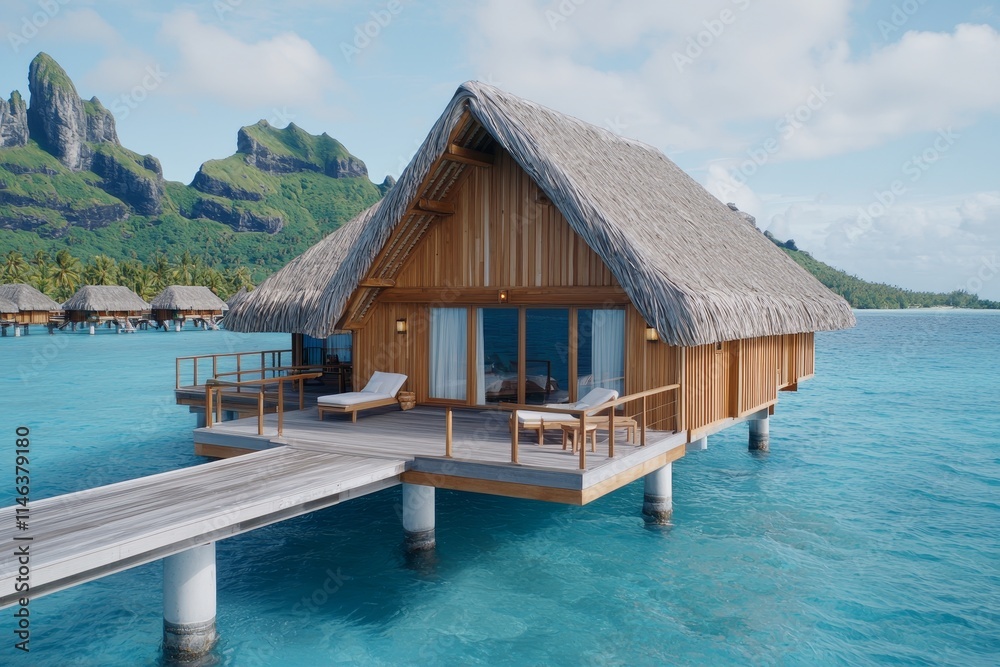 A luxurious bungalow with a scenic view of a calm turquoise lagoon and mountains in a tropical retreat. A luxurious bungalow with a scenic view of a calm turquoise lagoon and mountains in a tropical retreat.