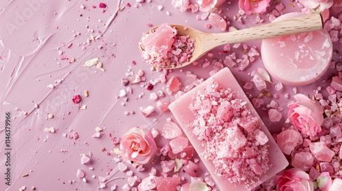 Pink ice cream scoops and popsicles on pastel surface
