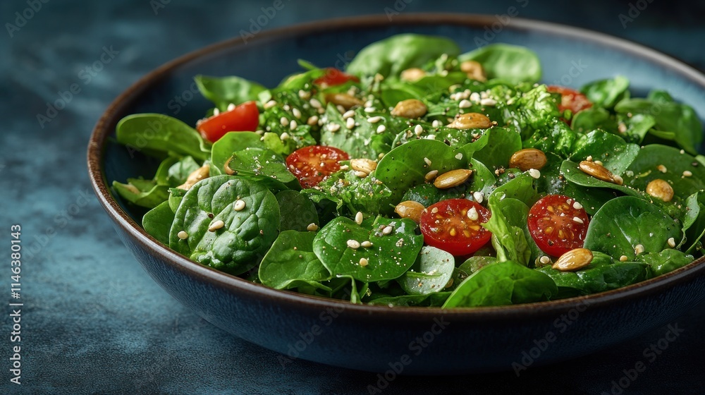 Fresh spinach salad with cherry tomatoes, pumpkin seeds, and sesame seeds. Fresh spinach salad with cherry tomatoes, pumpkin seeds, and sesame seeds.