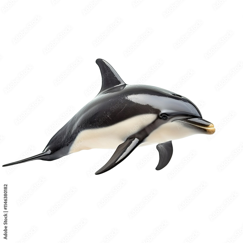 Fototapeta premium Angled view full body shot of extremely perfect looking single Dusky Dolphin animal isolated on a white transparent background