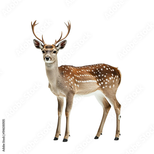 Angled view full body shot of extremely perfect looking single Dunker animal isolated on a white transparent background