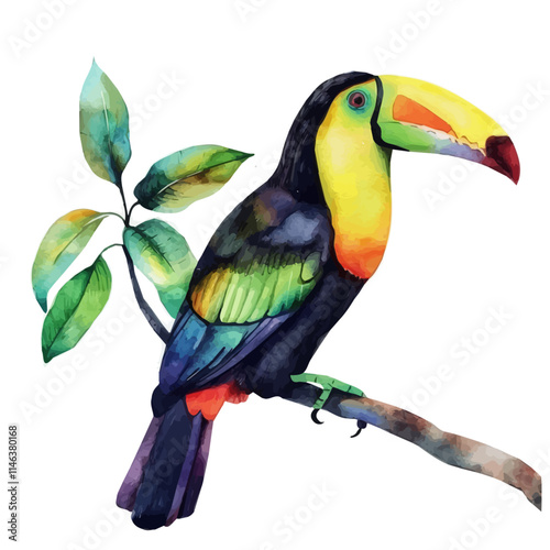 A watercolor painting of a colorful toucan perched on a tropical branch, isolated on a white background. Toucan tropical branch vector.
