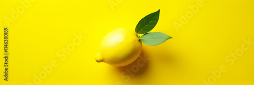 Lemon and green leaves sit atop a vibrant yellow background, conveying concepts related to both fruit and vegetable categories._00002_ photo