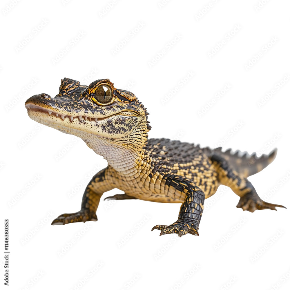 Angled view full body shot of extremely perfect looking single Dwarf Crocodile animal isolated on a white transparent background Angled view full body shot of extremely perfect looking single Dwarf Crocodile animal isolated on a white transparent background