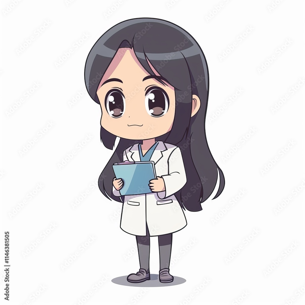 Cute cartoon female doctor in white coat holding a clipboard, smiling. Cute cartoon female doctor in white coat holding a clipboard, smiling.