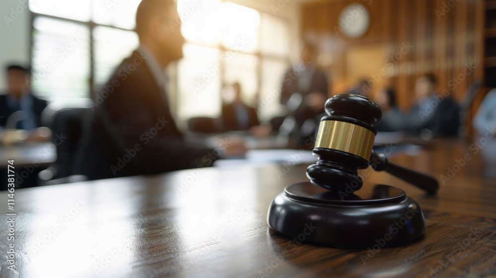 Gavel on table in blurred courtroom with lawyers. Gavel on table in blurred courtroom with lawyers.