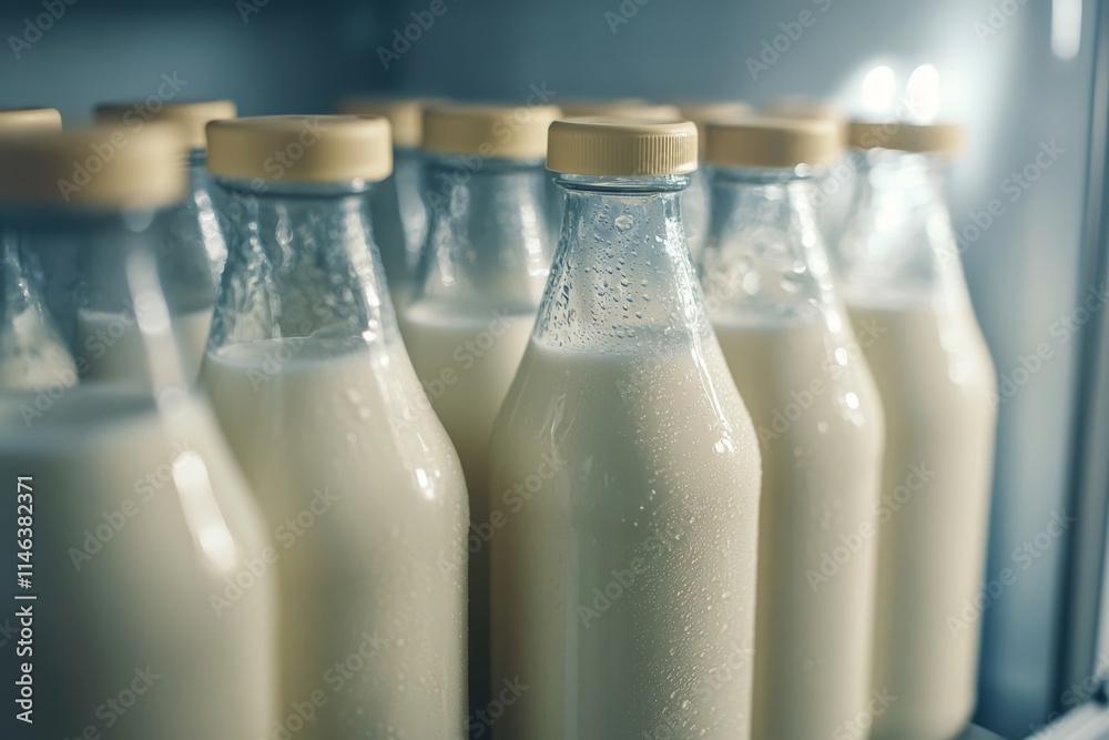 Fresh Milk Bottles in Fridge Door Fresh Milk Bottles in Fridge Door