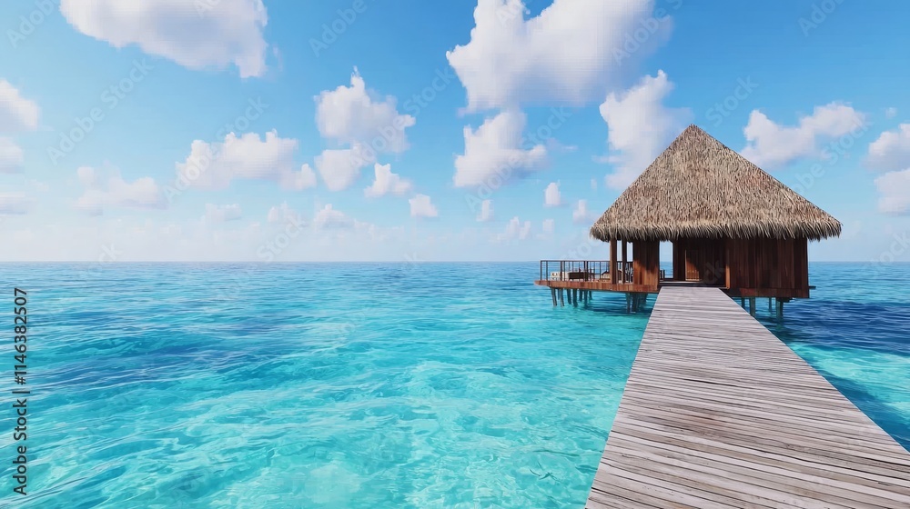 A bungalow made of wood rests on stilts above the clear turquoise water, with a wooden walkway connecting it to the shore. The water is shallow and clear, showing the sandy bottom below. A bungalow made of wood rests on stilts above the clear turquoise water, with a wooden walkway connecting it to the shore. The water is shallow and clear, showing the sandy bottom below.