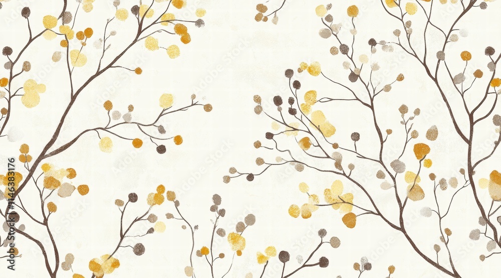 A seamless pattern of delicate branches with small flowers in shades of mustard, brown, and grey on an off-white background. A seamless pattern of delicate branches with small flowers in shades of mustard, brown, and grey on an off-white background.
