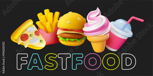 Vector illustration of realistic set of fast food icon with neon color word. Burger, ice cream, french fries, pizza and cola soda. 3d cartoon style design of fast food collection