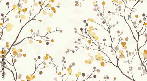 A seamless pattern of delicate branches with small flowers in shades of mustard, brown, and grey on an off-white background. 