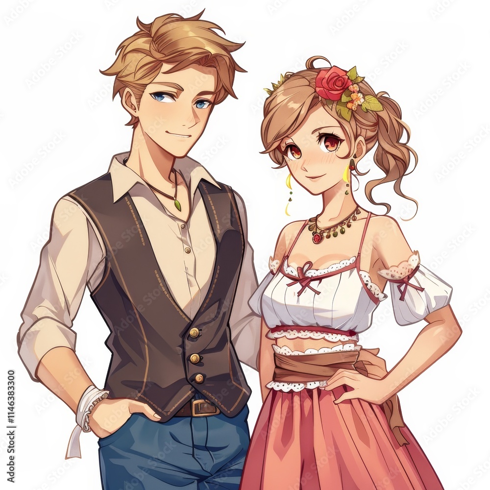 A young man and woman stand together, smiling and looking at the viewer. A young man and woman stand together, smiling and looking at the viewer.