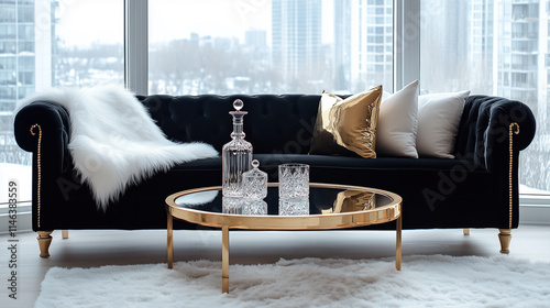 Modern luxury living room with black velvet sofa and gold accents
 photo