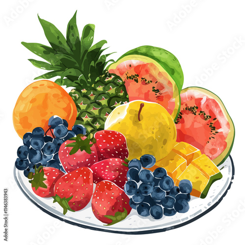 A watercolor vector of a colorful tropical fruit platter, isolated on a white background. Tropical fruit platter vector.
