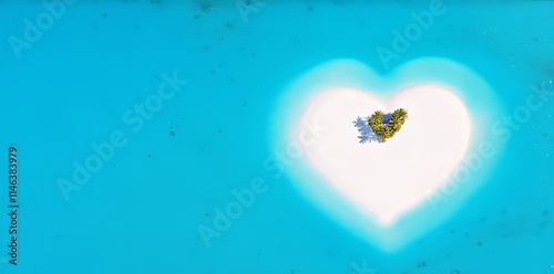 An overhead view of a heart-shaped tropical island, excellent for a romantic vacation or getaway.