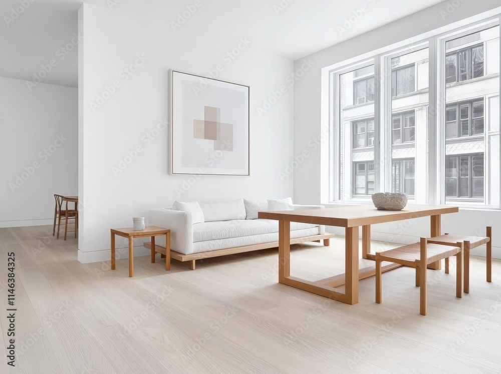 Fototapeta premium A modern, uncluttered studio with ample natural light and furniture in neutral shades.