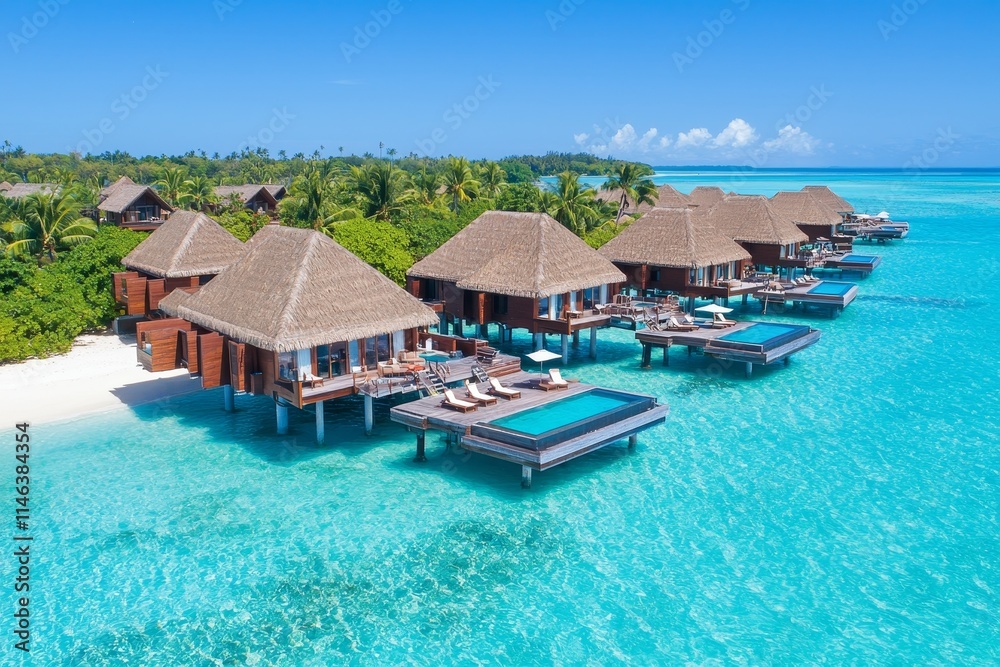 Luxurious overwater bungalows in a tropical paradise are drenched in sunlight.