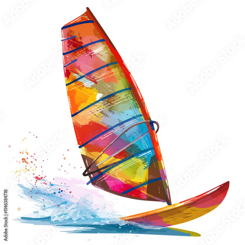 A watercolor illustration of a colorful windsurfing sail in the breeze, isolated on a white background. Windsurfing sail vector.
