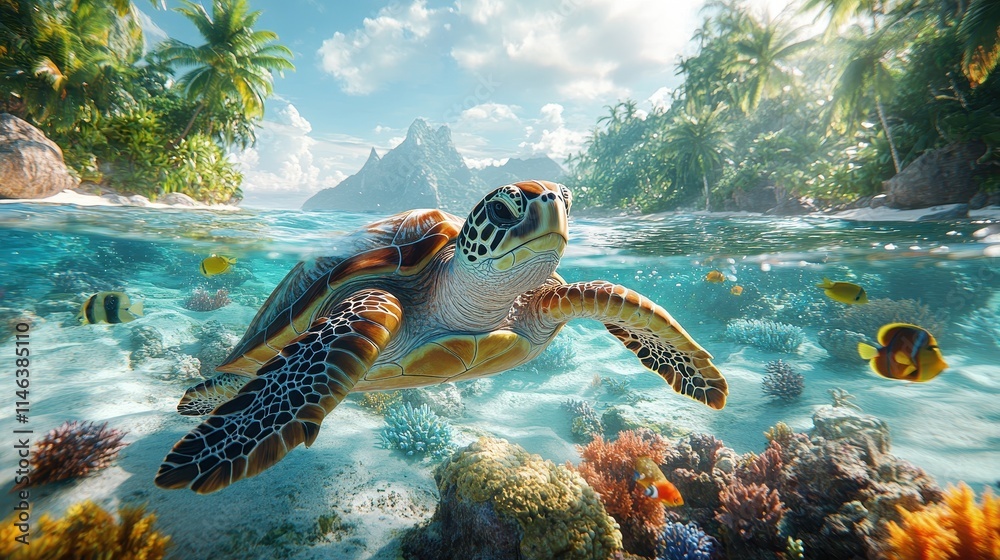 Fototapeta premium Sea turtle swimming in serene ocean with mystical smoky backdrop