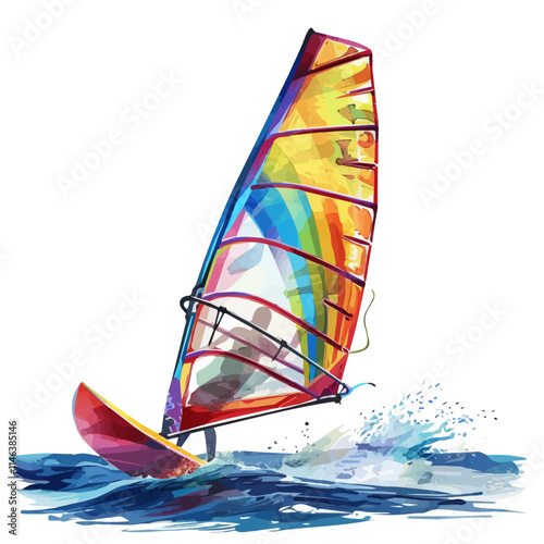A watercolor illustration of a colorful windsurfing sail in the breeze, isolated on a white background. Windsurfing sail vector.
